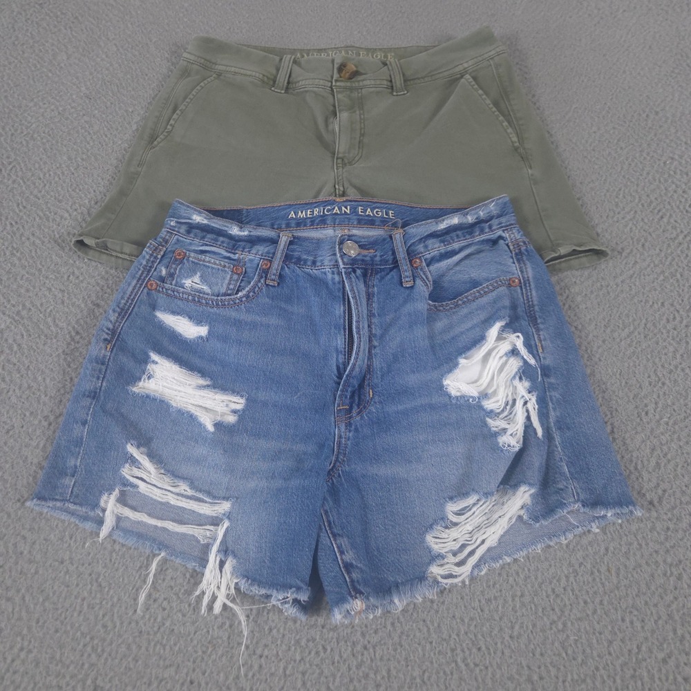 LOT OF 2 American Eagle Shorts Women 4 Green Blue 90s Boyfriend Distressed Denim